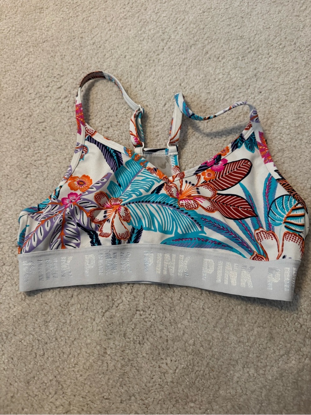PINK Victoria's Secret Tropical Floral Sports Bralette in White, Blue, Pink